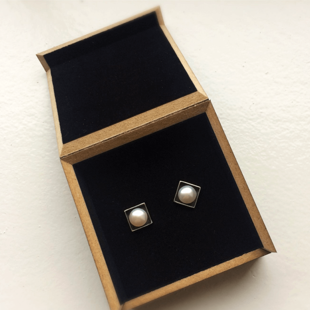Silver Box Earrings with White Pearls